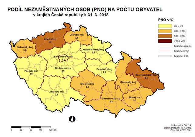 Podíl nezaměstnaných osob na počtu obyvatel v krajích ČR k 31. 3. 2018