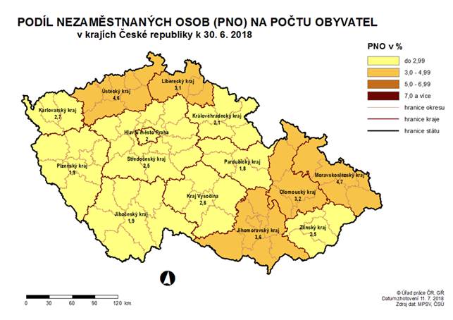 Podíl nezaměstnaných osob na počtu obyvatel v krajích ČR k 30. 6. 2018
