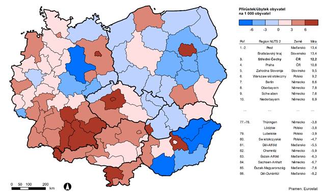 Pohyb obyvatelstva v regionech střední Evropy (NUTS 2); 2018