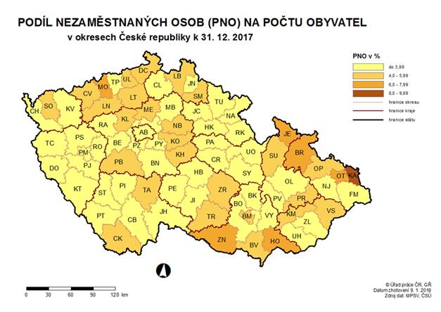 Podíl nezaměstnaných osob na počtu obyvatel v okresech ČR k 31. 12. 2017