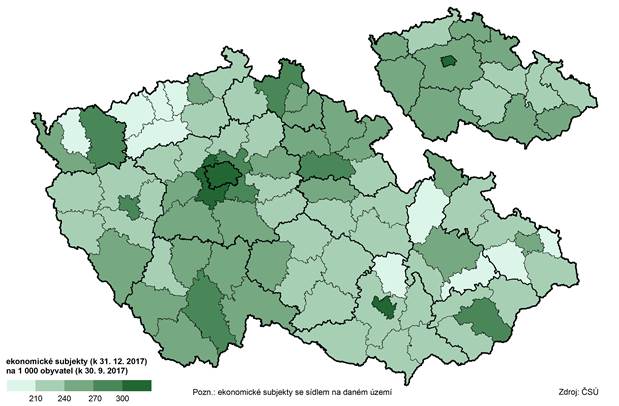 Intenzita podnikatelské aktivity v okresech a krajích v roce 2017