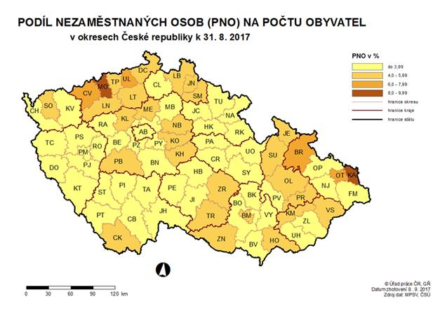 Podíl nezaměstnaných osob na počtu obyvatel v okresech ČR k 31. 8. 2017