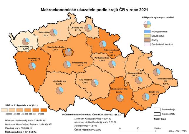Kartogram: Makroekonomické ukazatele podle krajů ČR v roce 2021