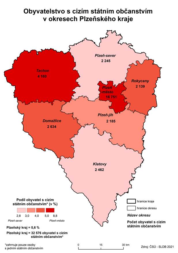 Kartogram: Obyvatelstvo s cizím státním občanstvím v okresech Plzeňského kraje