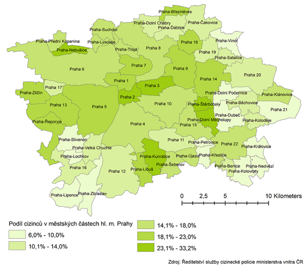 Kartogram 1: Podíl cizinců na počtu obyvatel jednotlivých městských částí k 31. 12. 2020