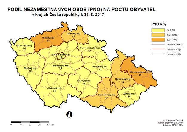 Podíl nezaměstnaných osob na počtu obyvatel v krajích ČR k 31. 8. 2017