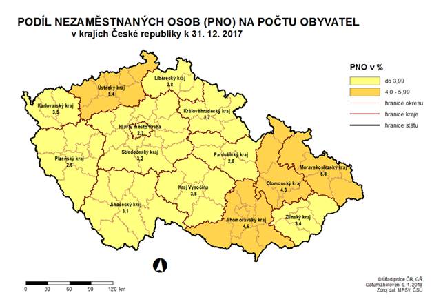 Podíl nezaměstnaných osob na počtu obyvatel v krajích ČR k 31. 12. 2017
