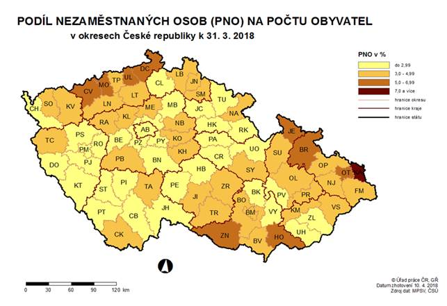 Podíl nezaměstnaných osob na počtu obyvatel v okresech ČR k 31. 3. 2018
