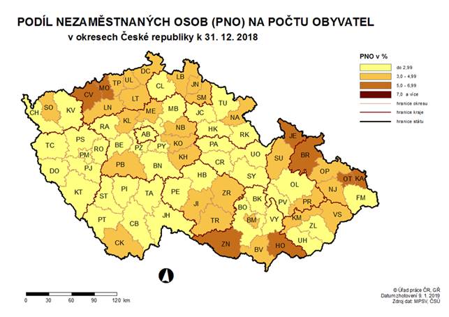 Podíl nezaměstnaných osob na počtu obyvatel vokresech ČR k 31. 12. 2018