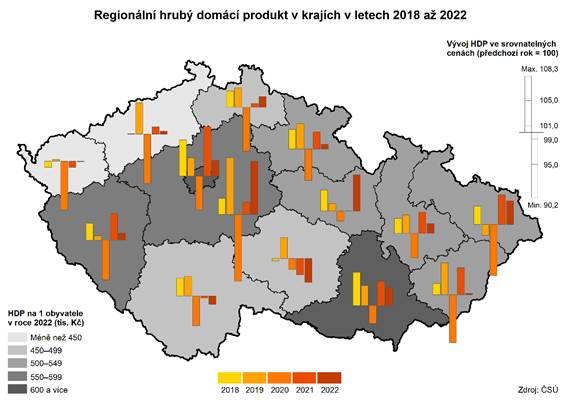 Kartogram Regionální hrubý domácí produkt v krajích v letech 2018 až 2022