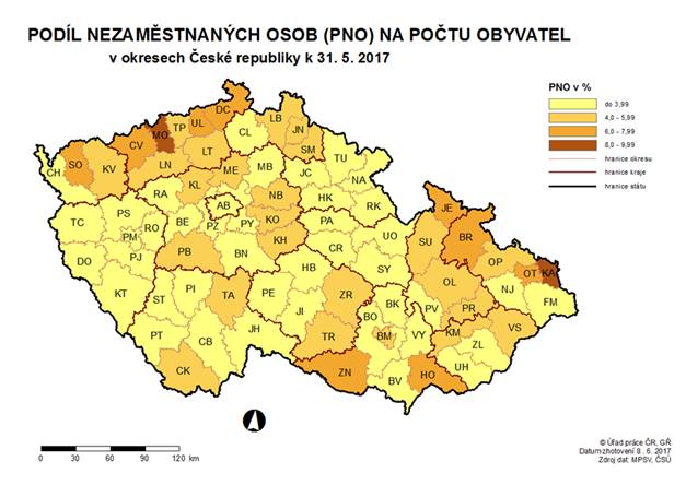 Podíl nezaměstnaných osob na počtu obyvatel v okresech ČR k 31. 5. 2017