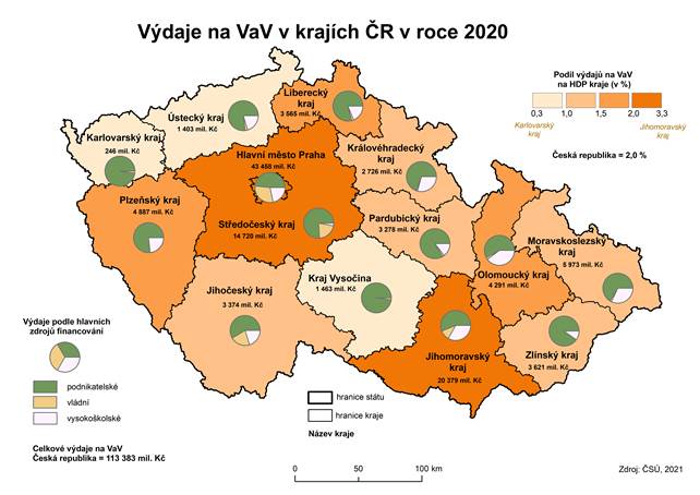 Kartogram: Výdaje na VaV v krajích ČR v roce 2020