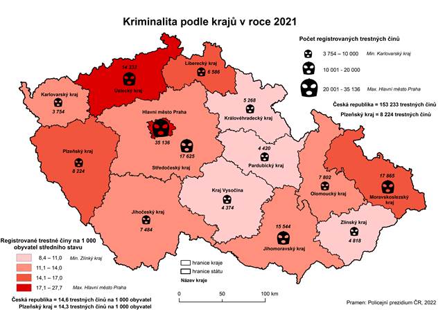 Kartogram: Kriminalita podle krajů v roce 2021