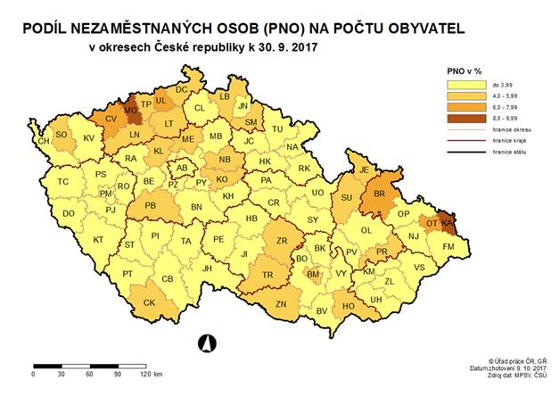 Podíl nezaměstnaných osob na počtu obyvatel v okresech ČR k 30. 9. 2017