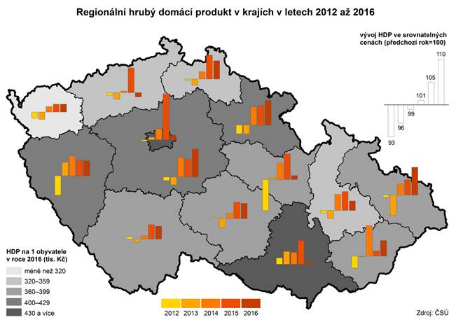 Kartogram: Regionální hrubý domácí produkt v krajích v letech 2012 až 2016