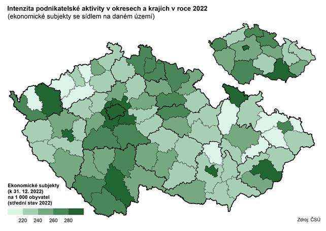 Kartogram: Intenzita podnikatelské aktivity v okresech a krajích v roce 2022 (ekonomické subjekty se sídlem na daném území)