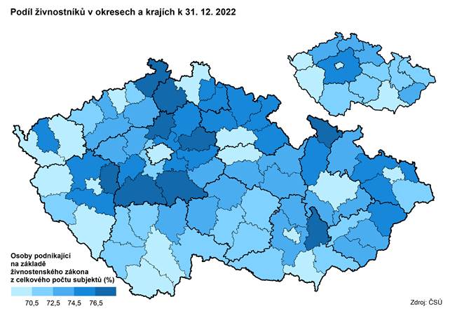 Kartogram: Podíl živnostníků v okresech a krajích k 31. 12. 2022