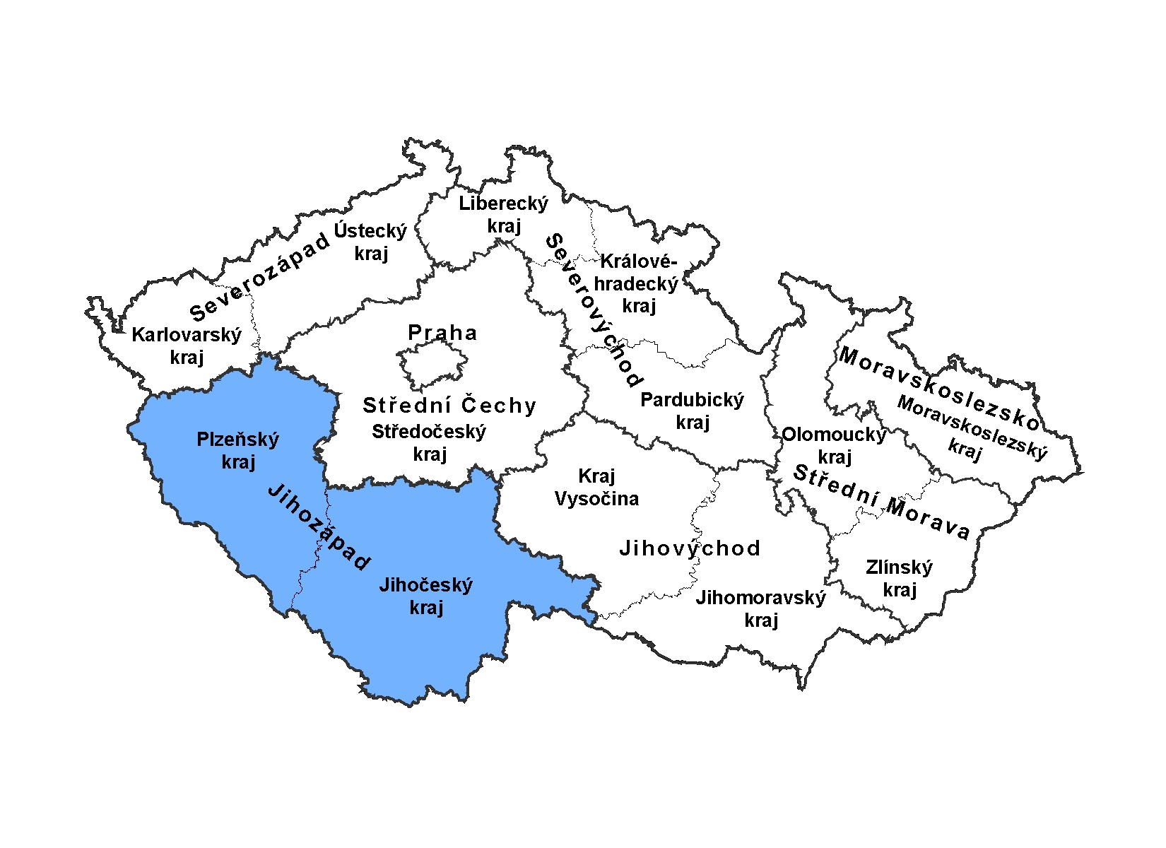 Regiony soudržnosti a kraje České republiky (mapa)
