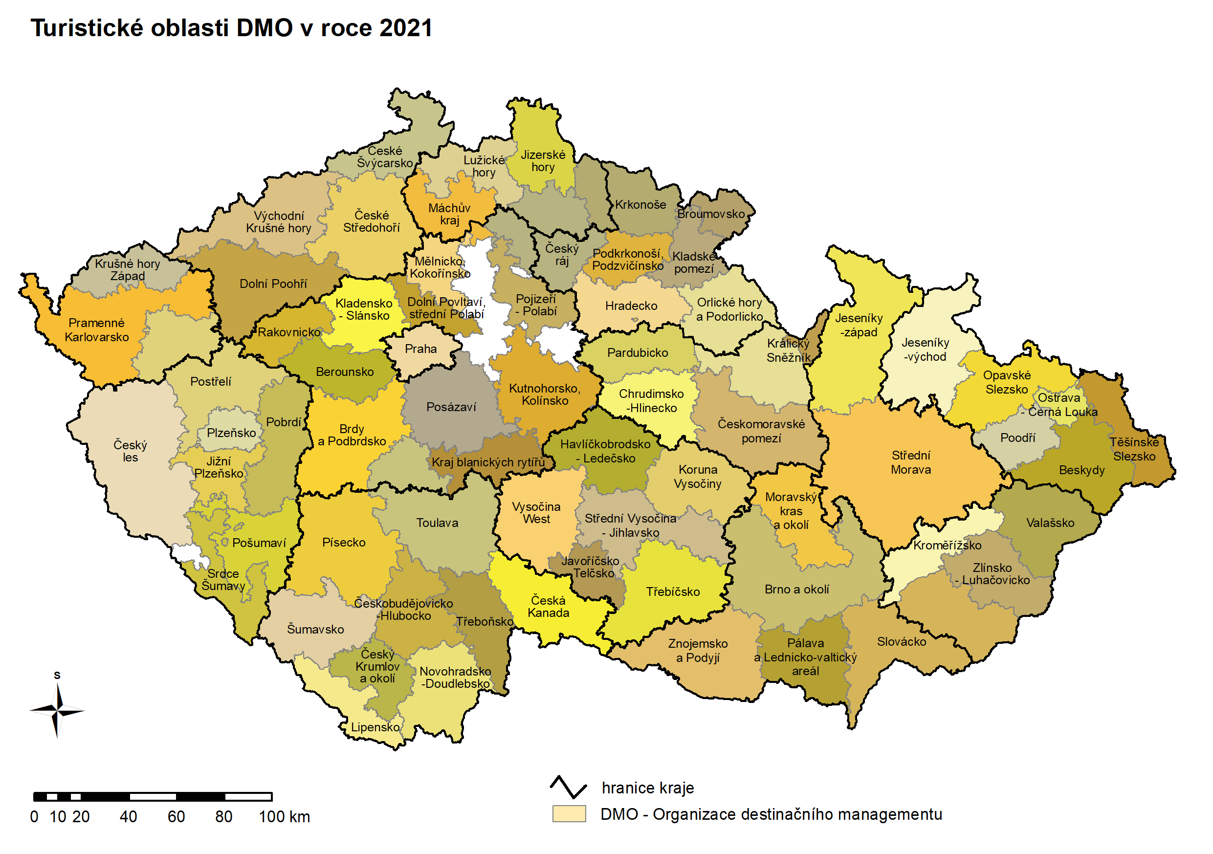 Mapa - turistické oblasti (DMO) v roce 2021