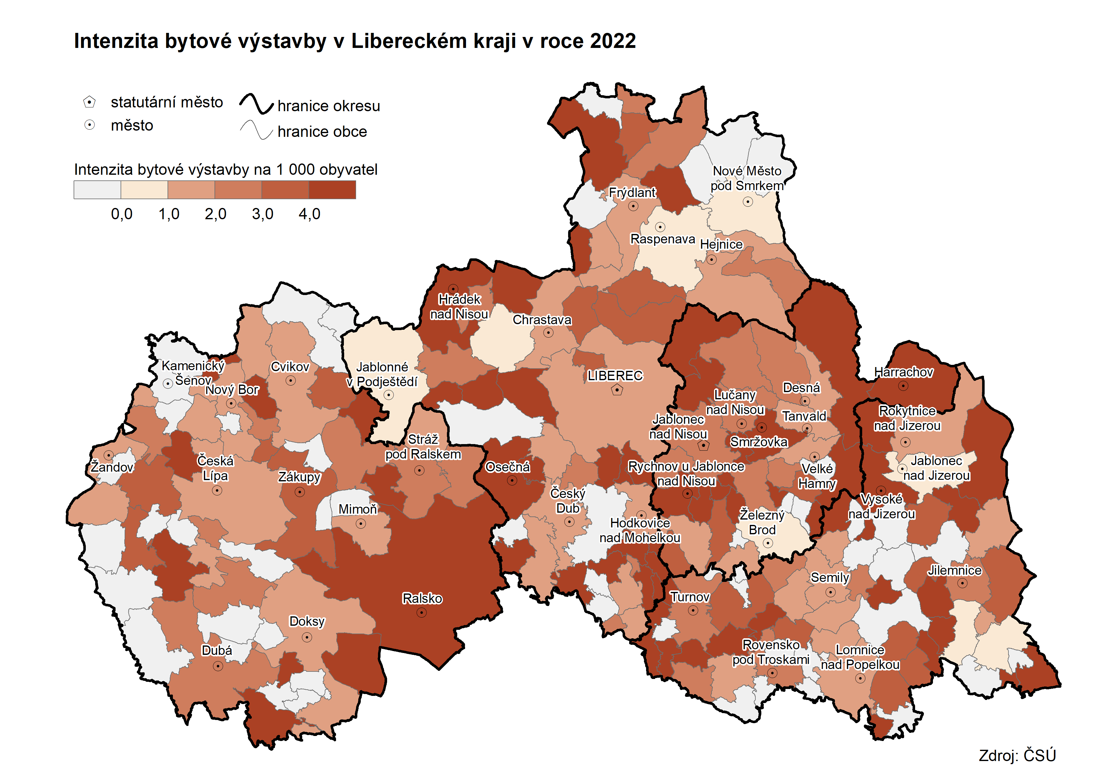 Kartogram - Intenzita bytové výstavby v Libereckém kraji v roce 2022